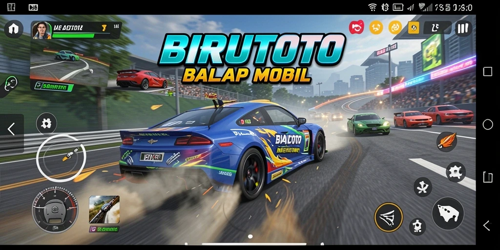Tangkapan layar gameplay BIRUTOTO yang menunjukkan aksi balapan seru.