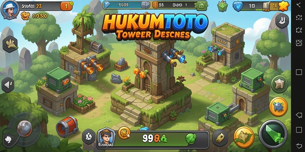 Tampilan gameplay HUKUMTOTO dengan menara yang strategis.
