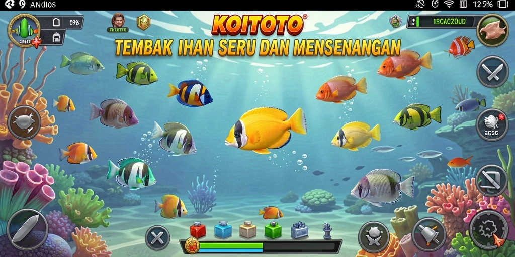 Screenshot gameplay KOITOTO menampilkan aksi seru menembak ikan.