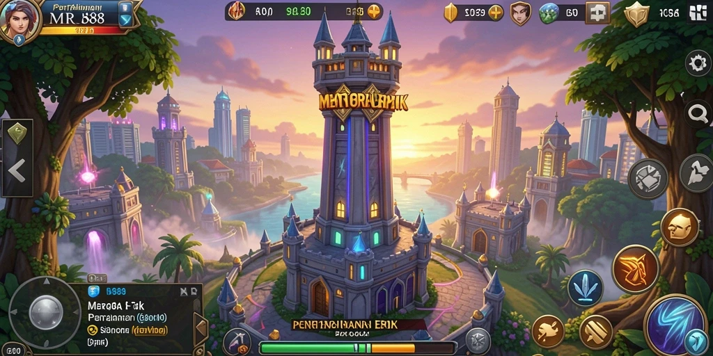 Screenshot gameplay MR888 menampilkan aksi menara mempertahankan markas dari serangan musuh.