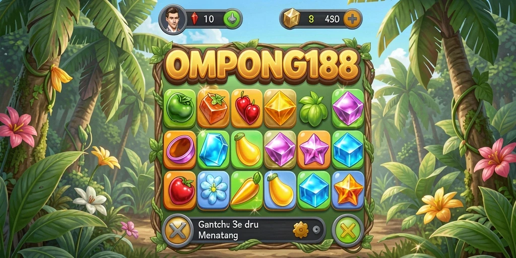 Screenshot OMPONG188 menampilkan gameplay seru dengan permata berwarna-warni.