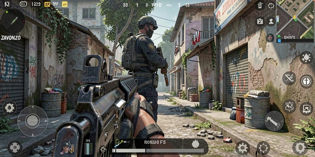 Gameplay intens ZAVONZO dengan aksi tembak-menembak seru.